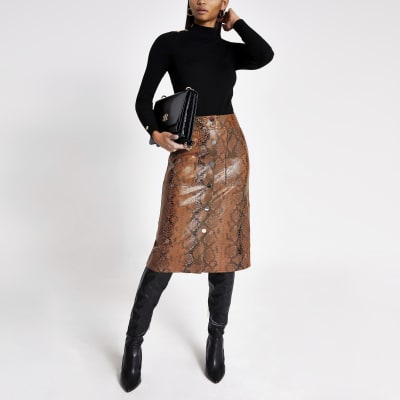 Bruine midirok van imitatieleer met slangenprint