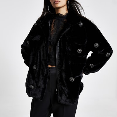Black faux fur embellished jacket