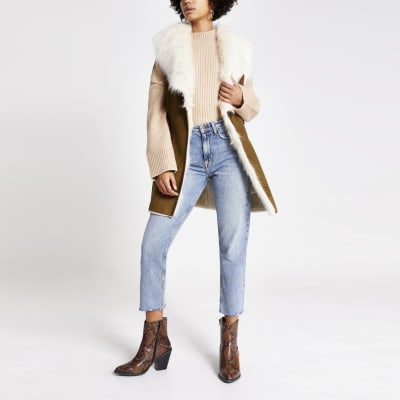 Veste sans manches en suédine marron et fausse fourrure