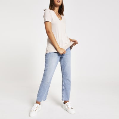 Beige T-shirt met V-hals en korte mouwen