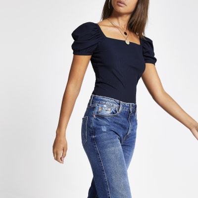 Navy short puff sleeve ribbed tee