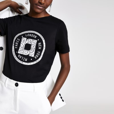 Zwart versierd T-shirt met print