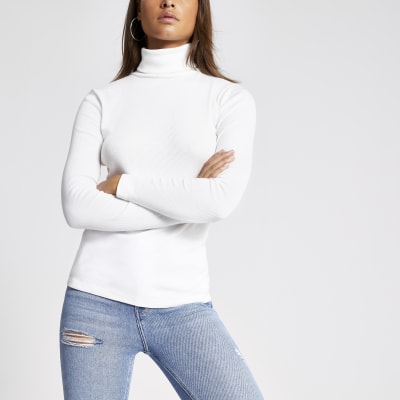 Cream long sleeve roll neck ribbed top