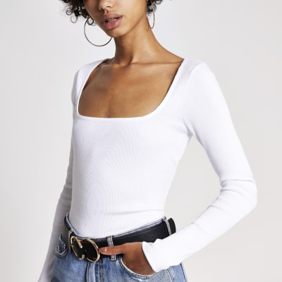 White ribbed square neck top