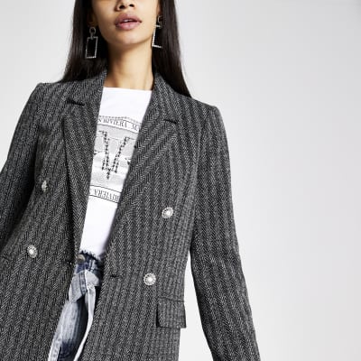 Grijze visgraat geruite blazer met knopen