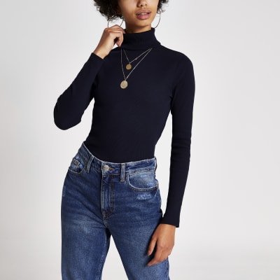 Navy long sleeve roll neck ribbed top
