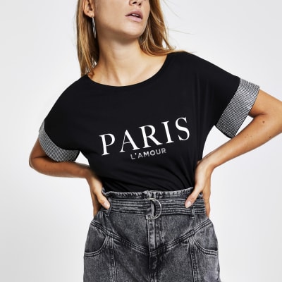 Zwart 'Paris' T-shirt met sierrand