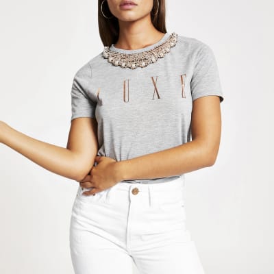 Grey embellished necklace T-shirt