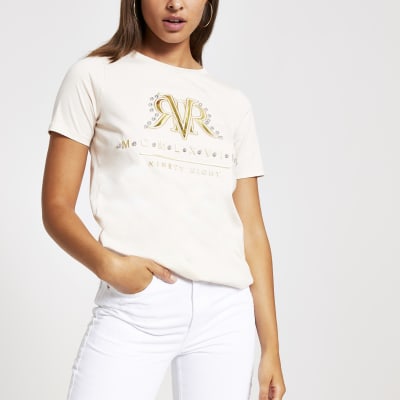 Lichtbeige T-shirt met RVR-print en versiering