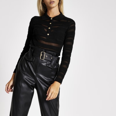 Langärmeliges, hauchdünnes Polo-Oberteil in Schwarz