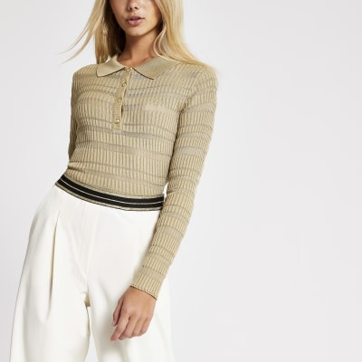 Langärmeliges, hauchdünnes Polo-Oberteil in Hellbraun