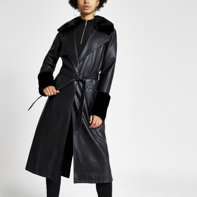 Black faux leather longline trench coat