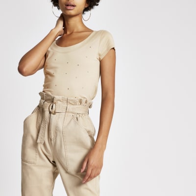 Beige met pailletten verfraaid T-shirt met lage hals