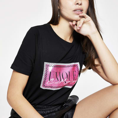 Zwart T-shirt met 'Unique c'est magnifique' print
