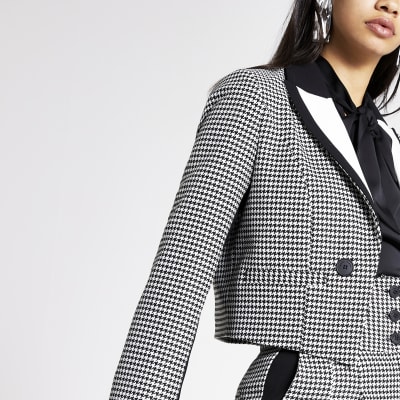 Zwarte geruite cropped blazer met pied-de-poule-motief