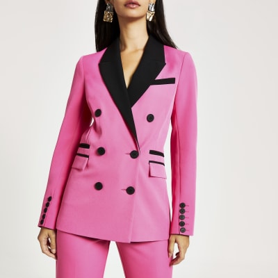 Roze blazer met dubbele knopenrij en vlakken