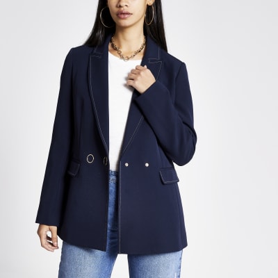 Marineblauwe double-breasted blazer met contrasterend stiksel