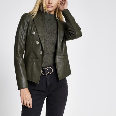 Kaki blazer van imitatieleer met knopen