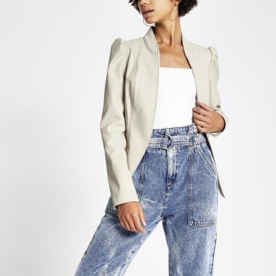 Stone faux leather long puff sleeve jacket