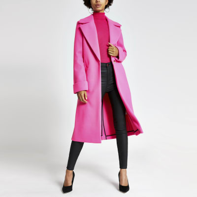  Manteau long droit rose vif