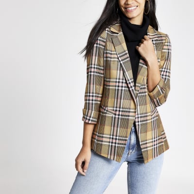Beige check open front blazer