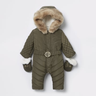 Baby khaki RI padded snowsuit | River Island