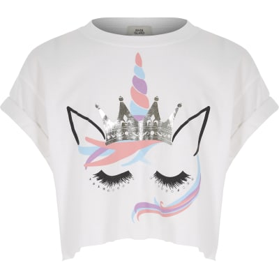 Girls white unicorn print crop T-shirt | River Island