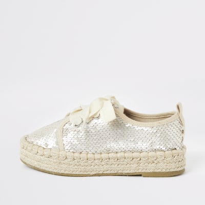 Girls cream sequin espadrille plimsoll River Island