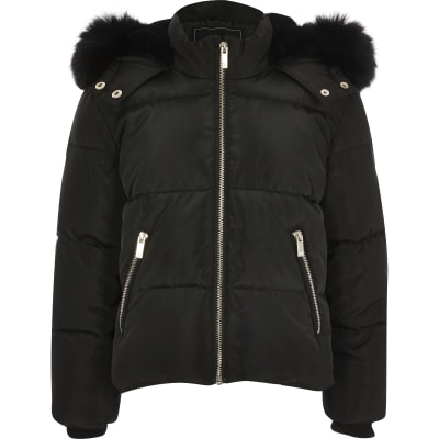 cream padded coat with fur hood