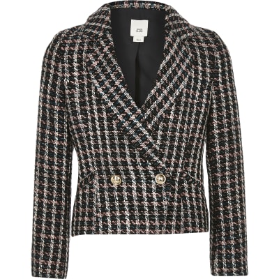 Girls pink and black double breasted jacket | River Island