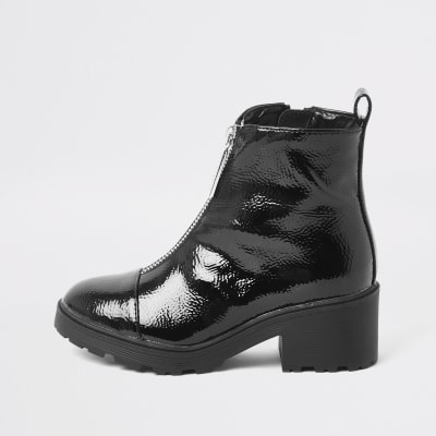 black patent boots with zip up front