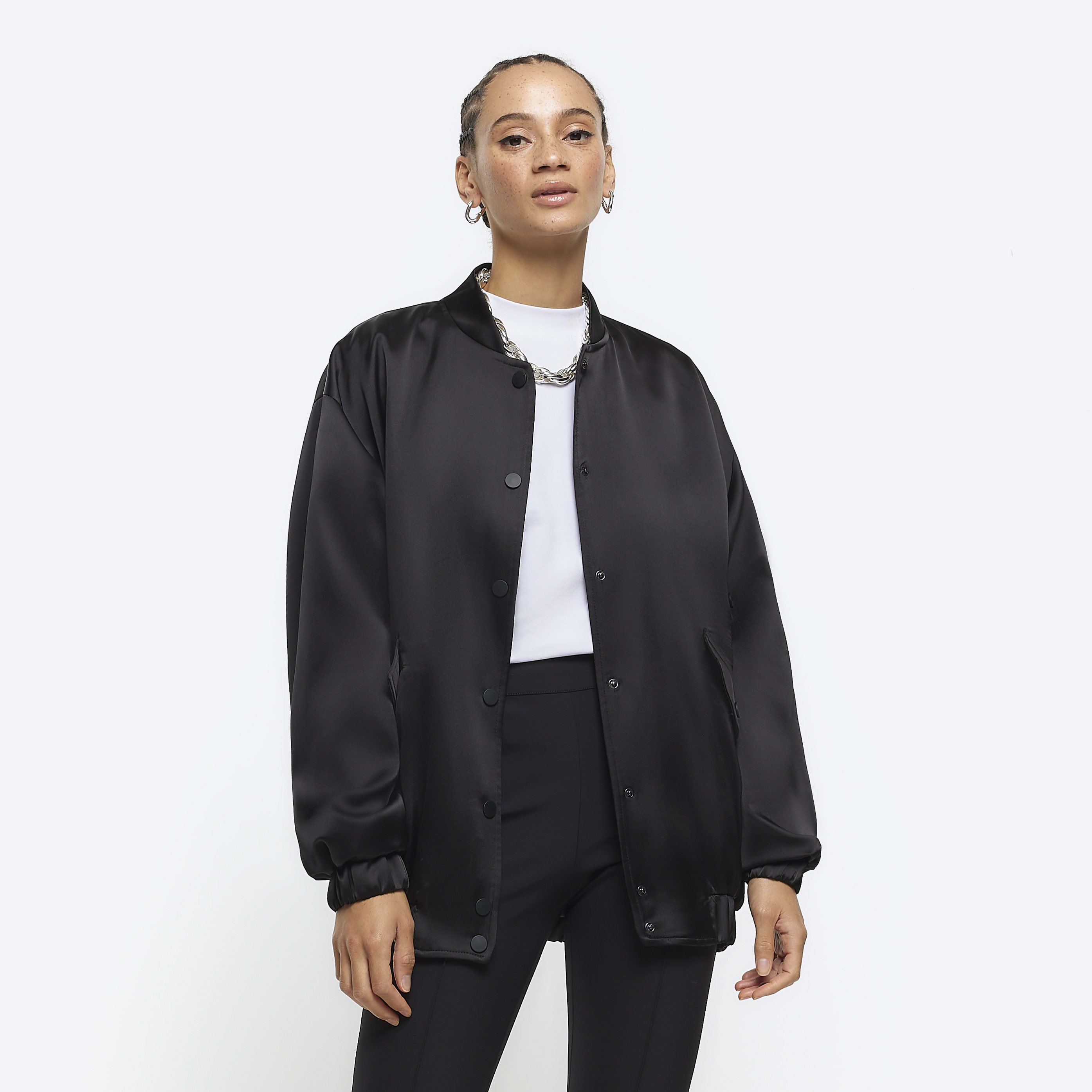 River Island Womens Black Satin Oversized Bomber Jacket