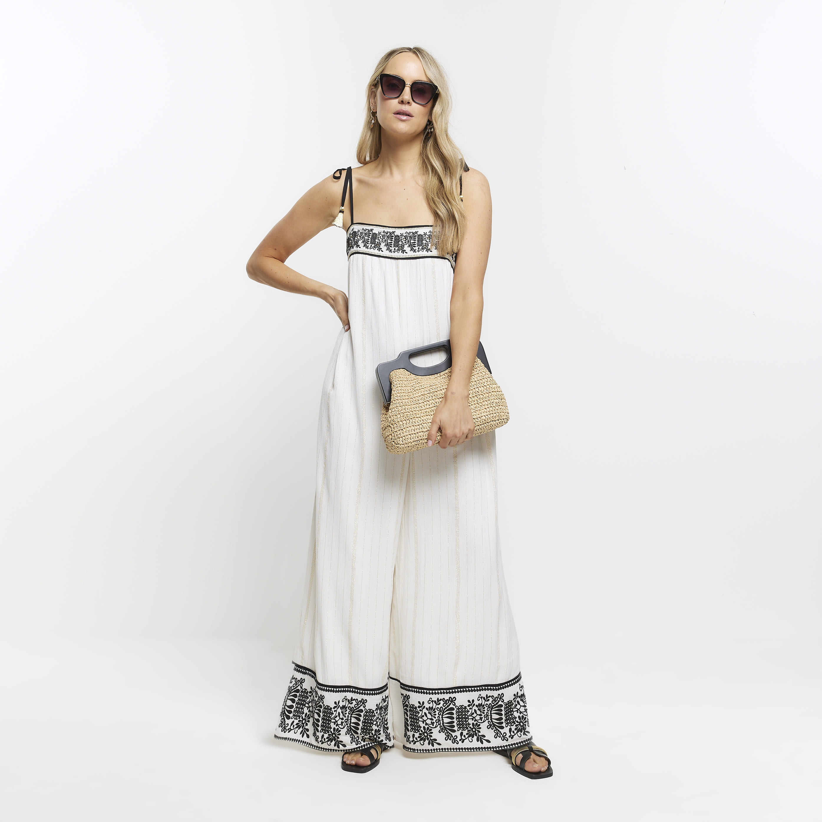 River Island Cream Embroidered Bandeau Jumpsuit