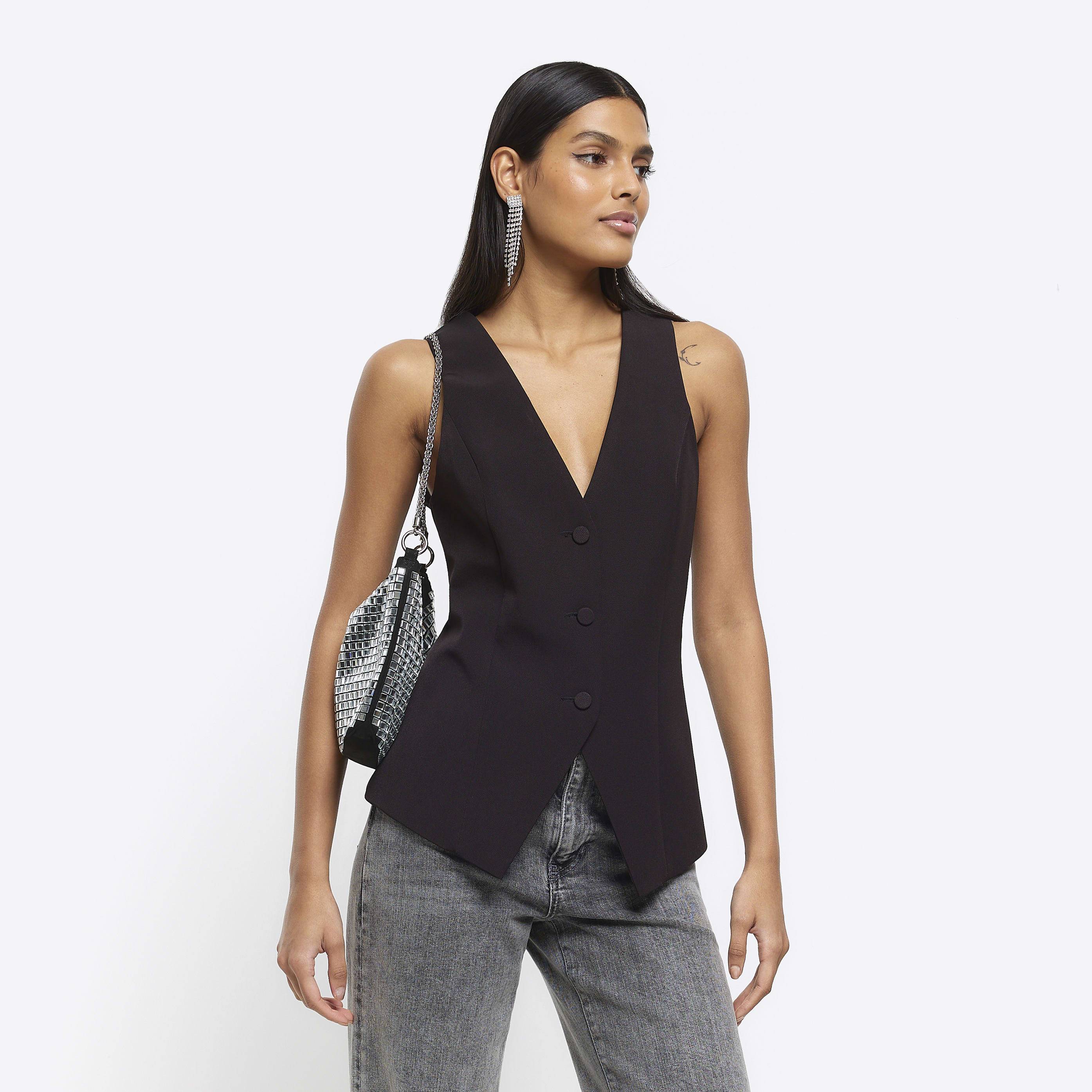 River Island Womens Black Longline Waistcoat