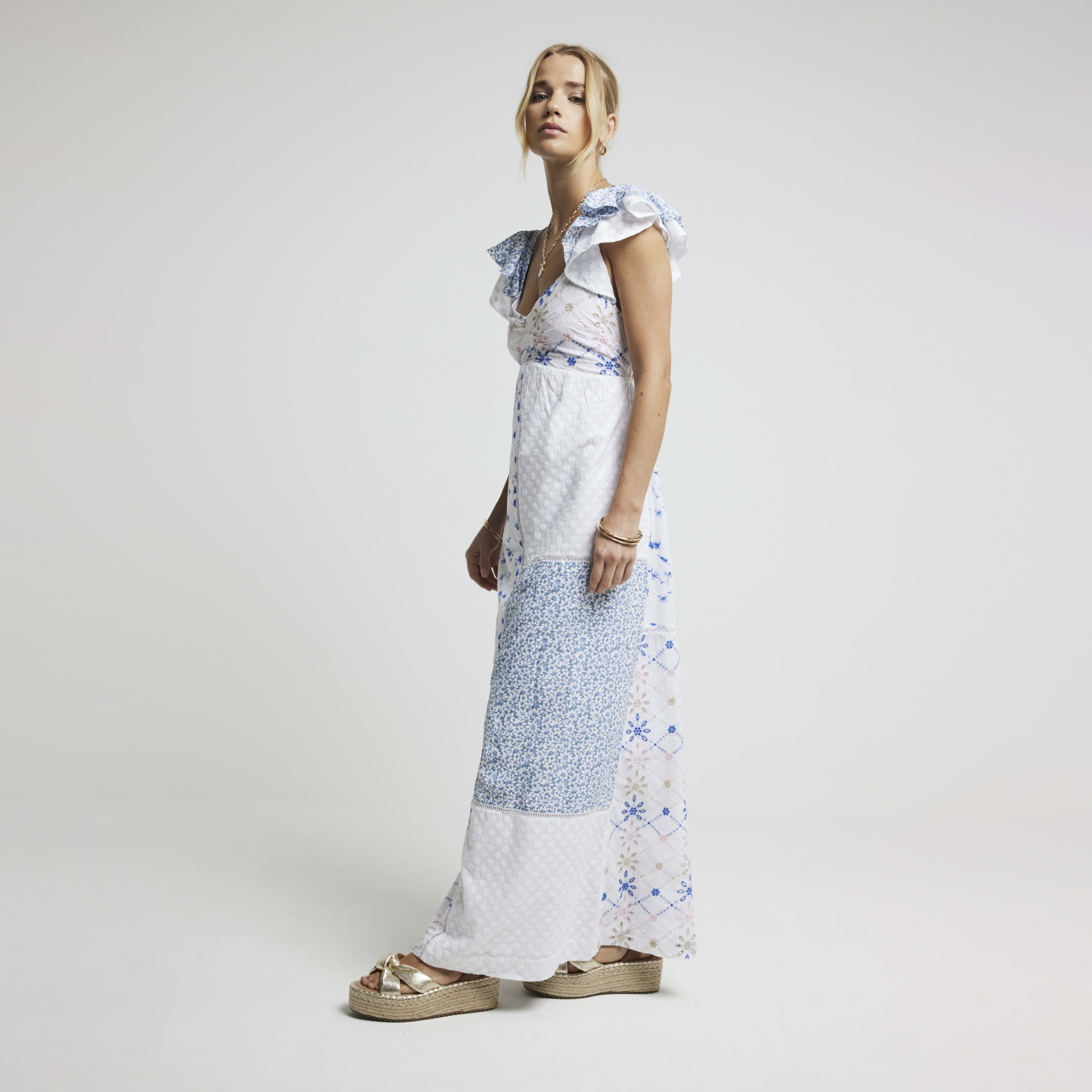 River Island Cream Floral Patchwork Embroidered Maxi Dress