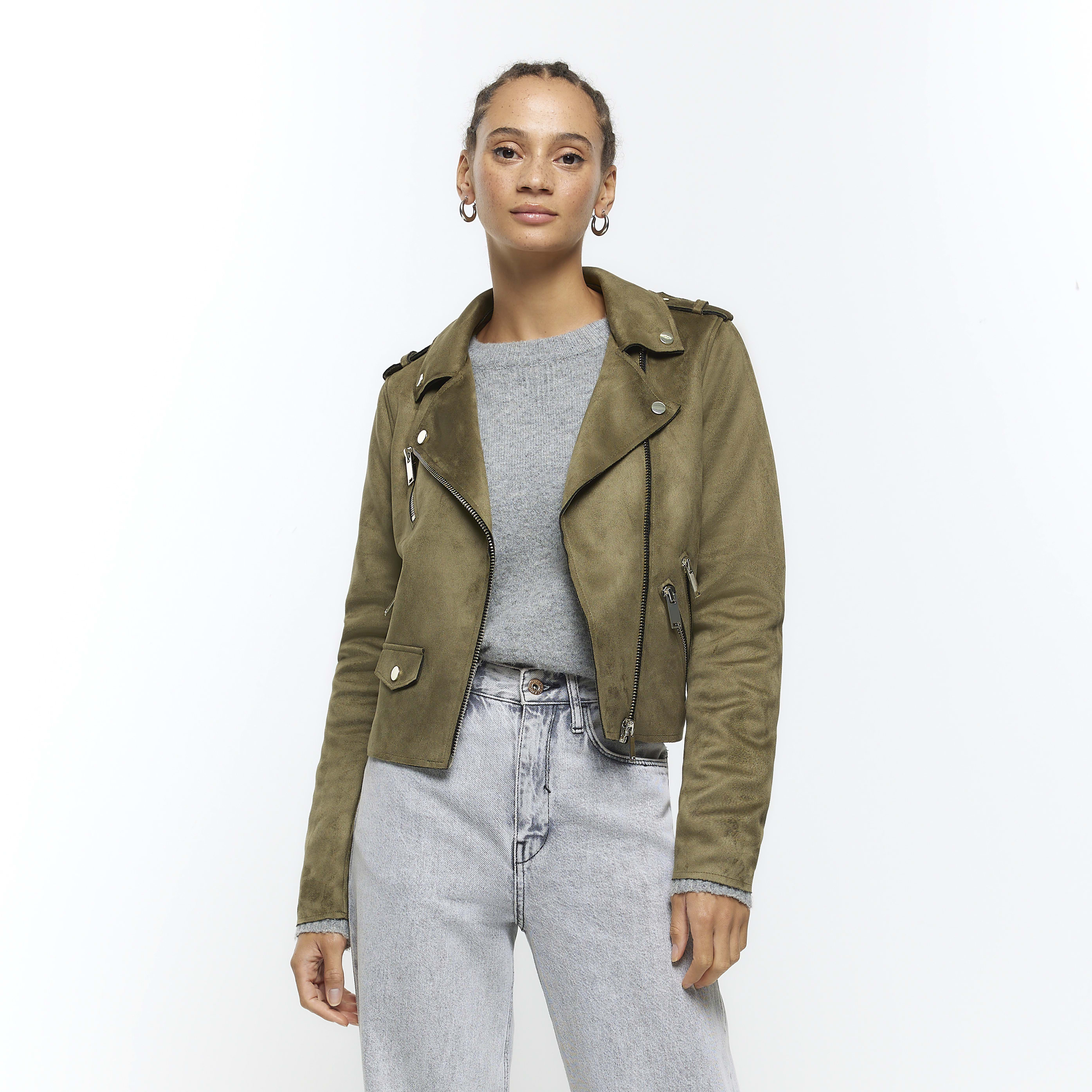 River Island Khaki Suedette Crop Biker Jacket