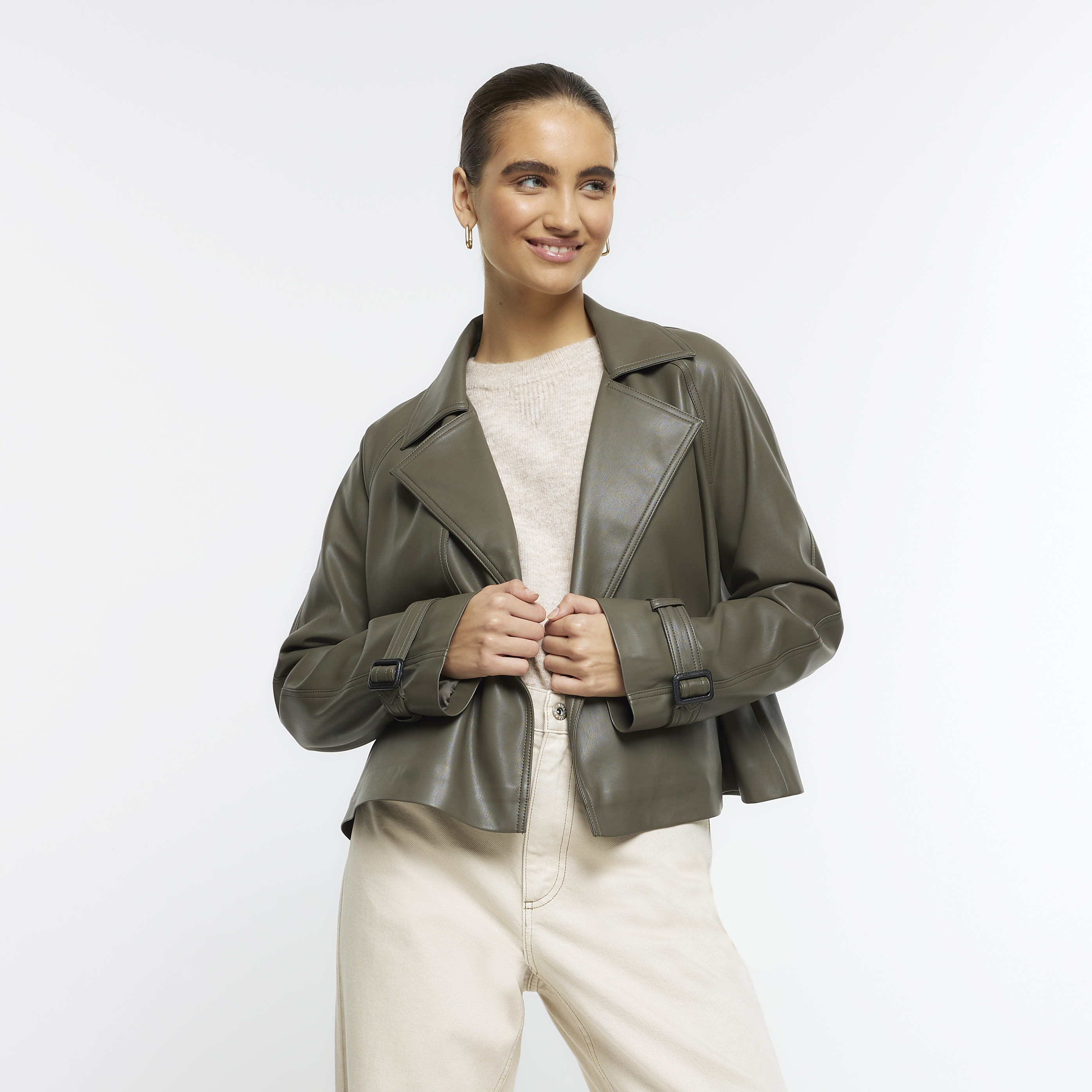River Island Khaki Faux Leather Crop Trench Coat