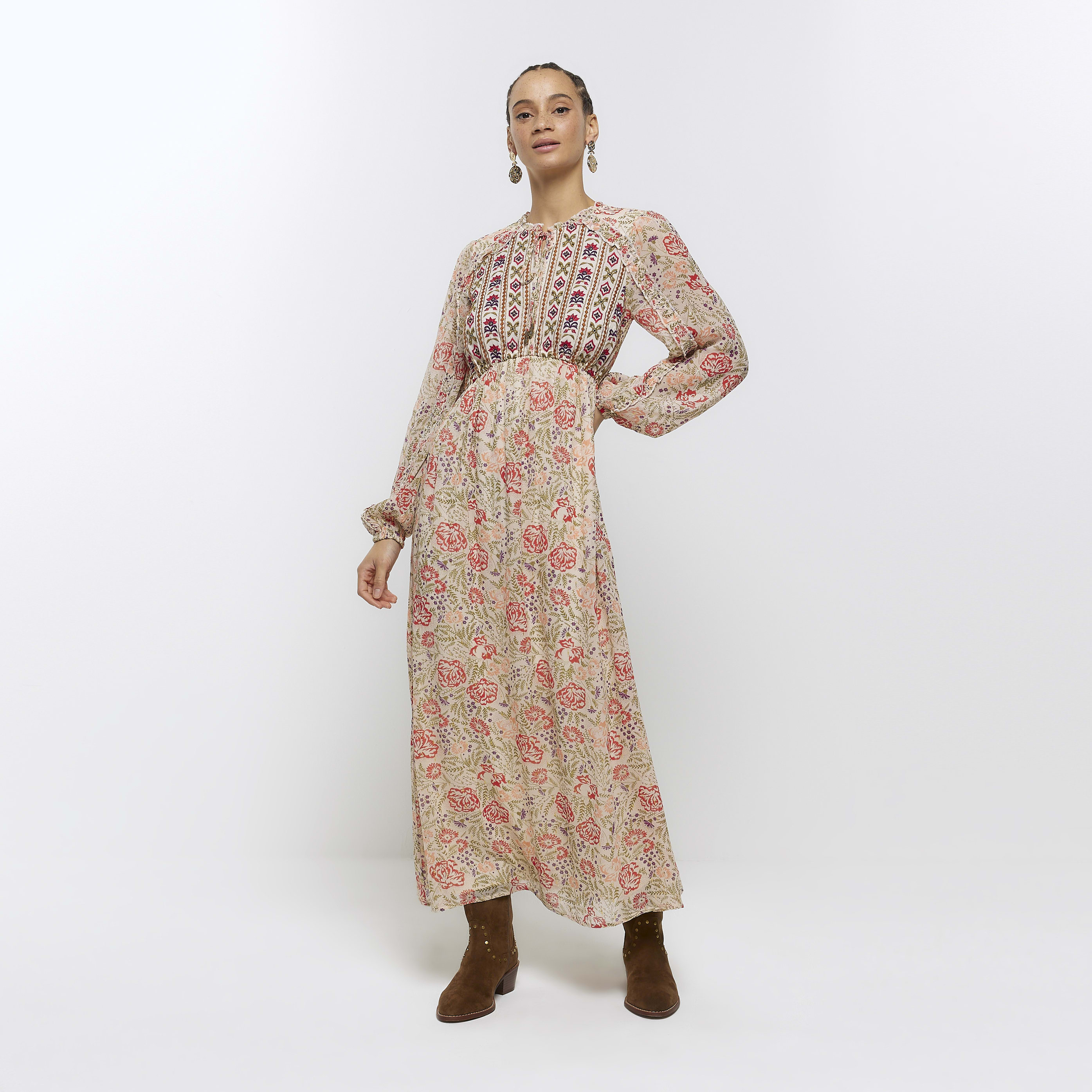 River Island Cream Floral Embroidered Smock Midi Dress