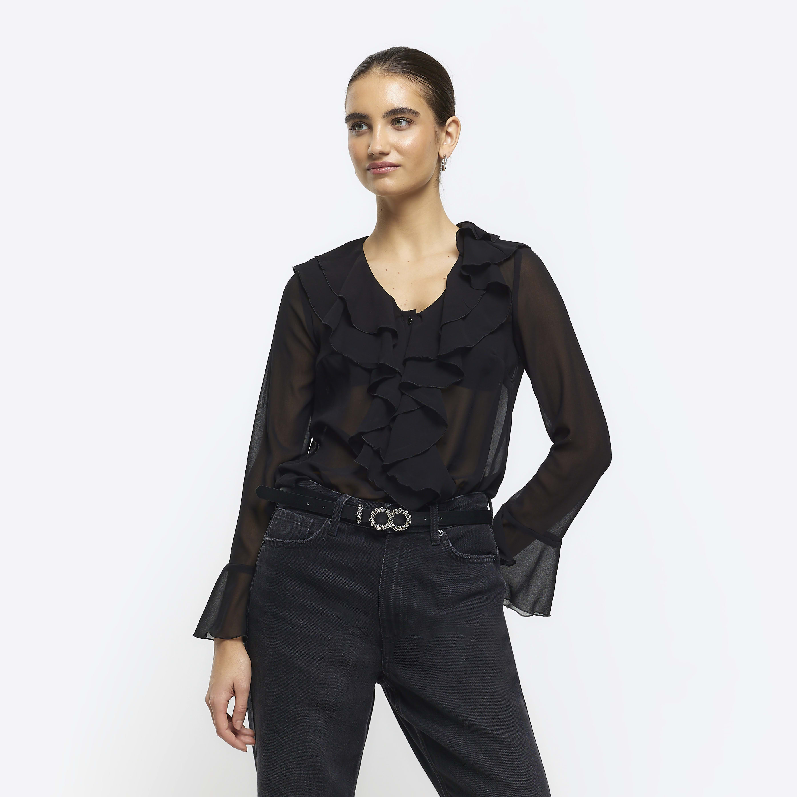 River Island Womens Black Chiffon Frill Blouse