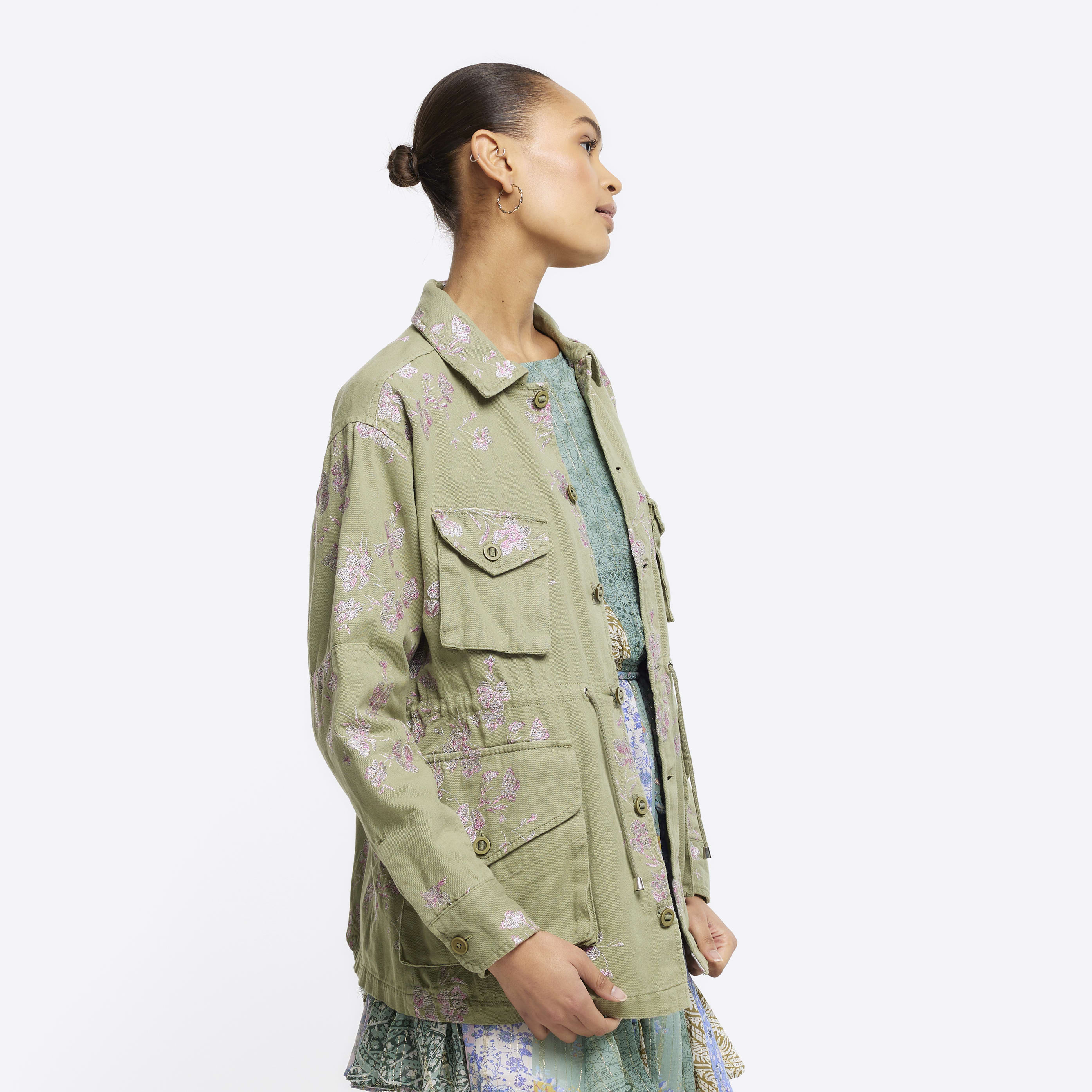 River Island Khaki Embroidered Floral Utility Shacket