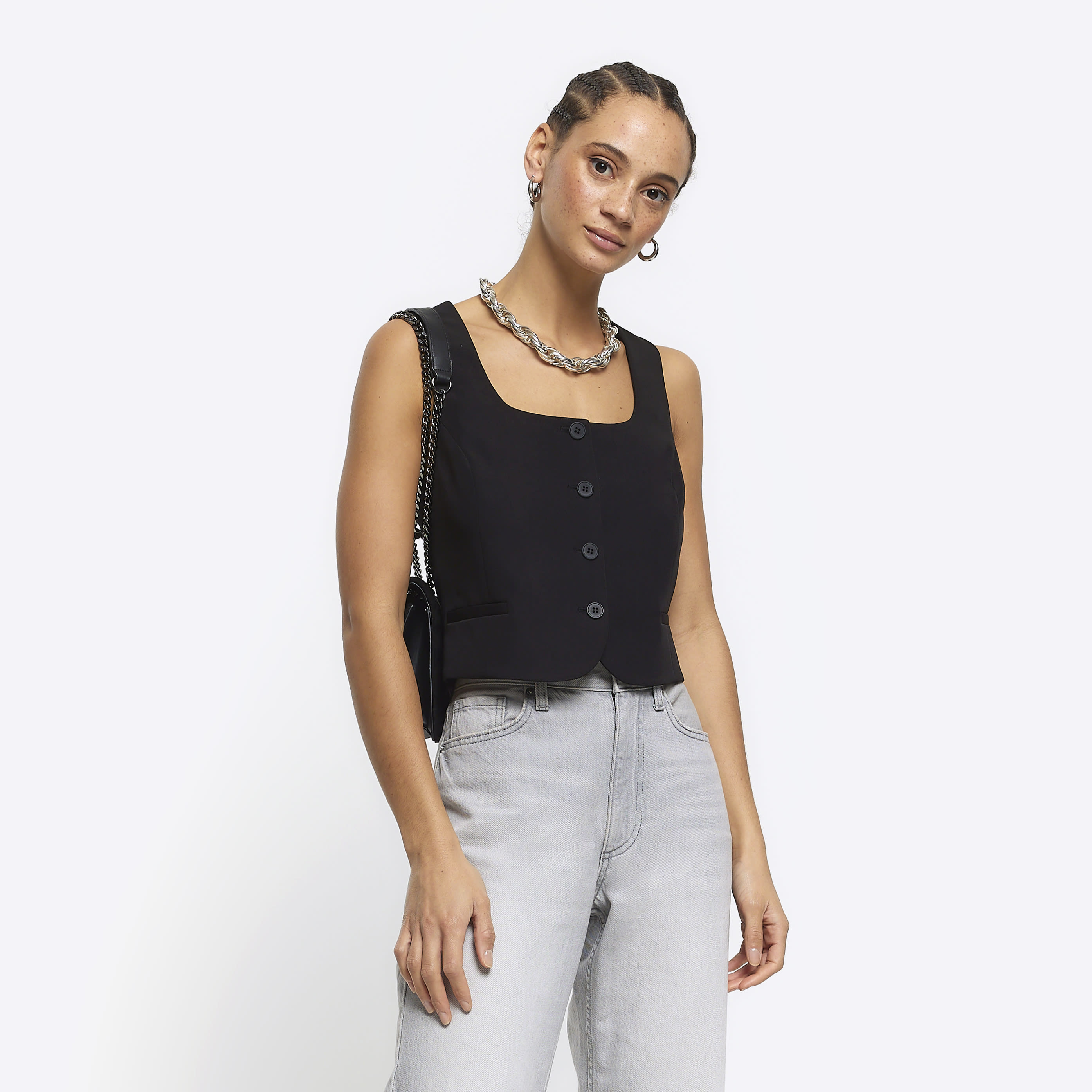 River Island Womens Black Square Neck Crop Waistcoat