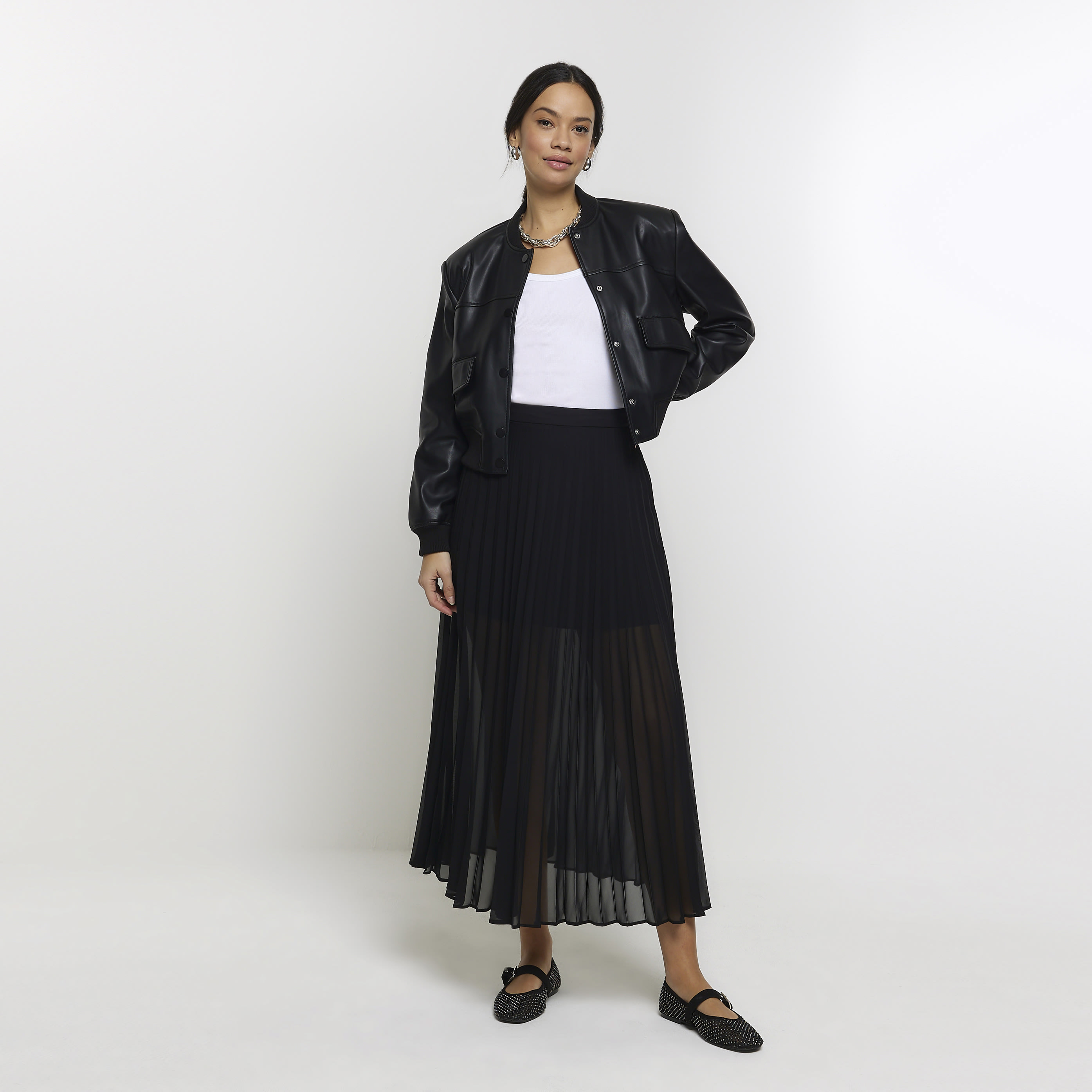 River Island Womens Black Pleated Sheer Midi Skirt