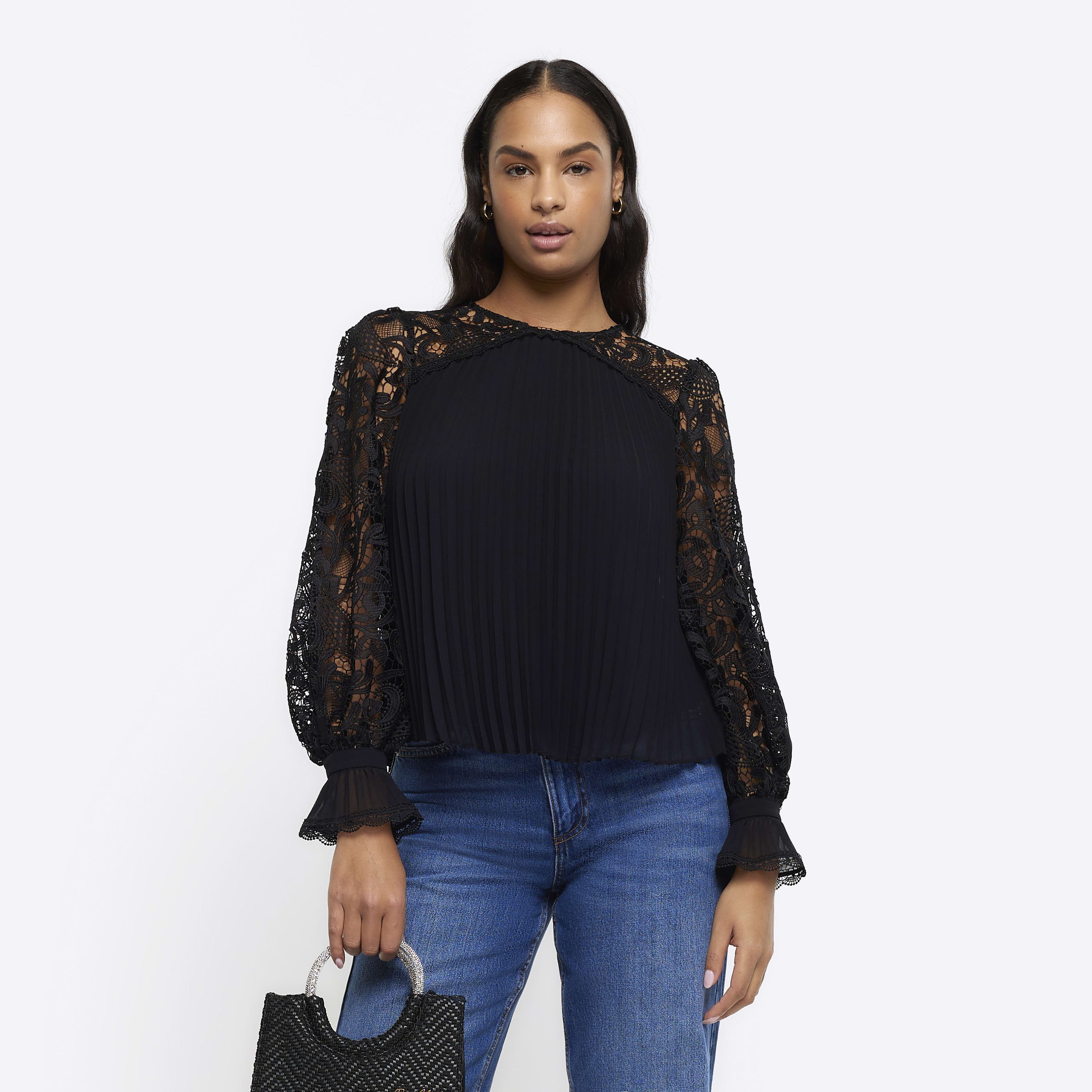 River Island Womens Black Plisse Lace Sleeve Blouse