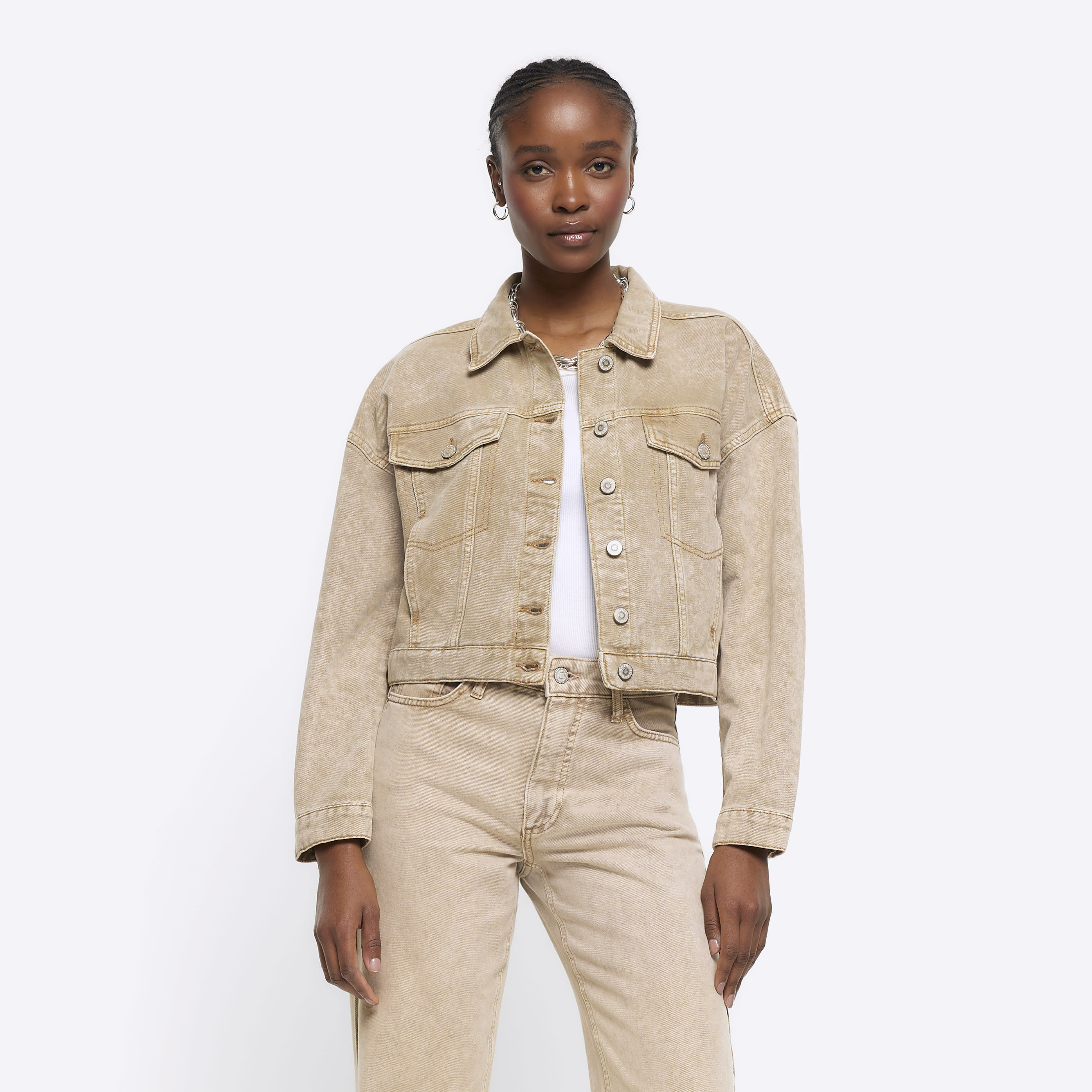River Island Beige Cropped Denim Jacket