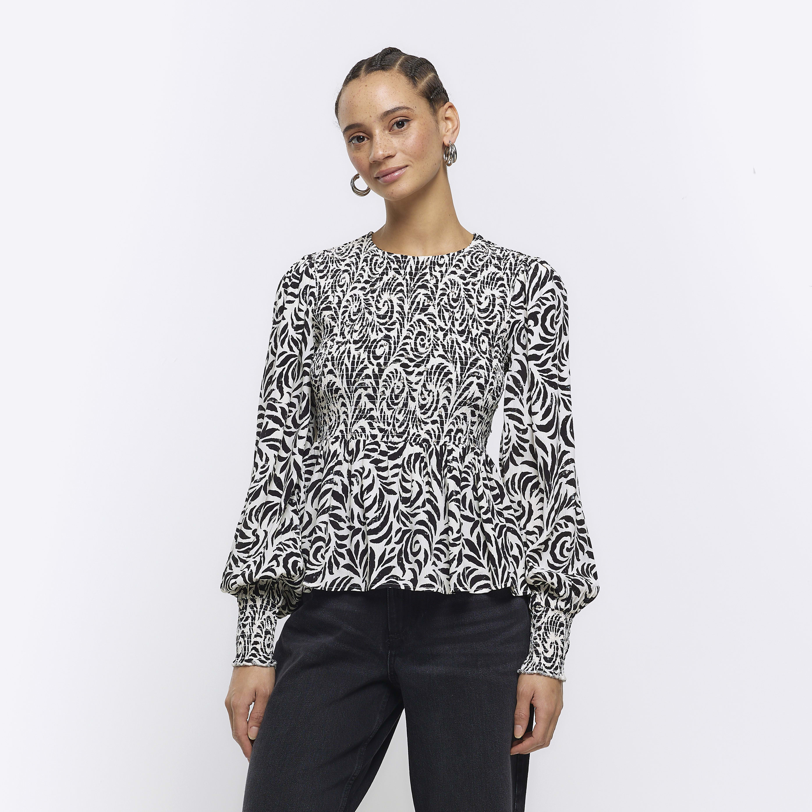 River Island Womens Black Abstract Shirred Blouse