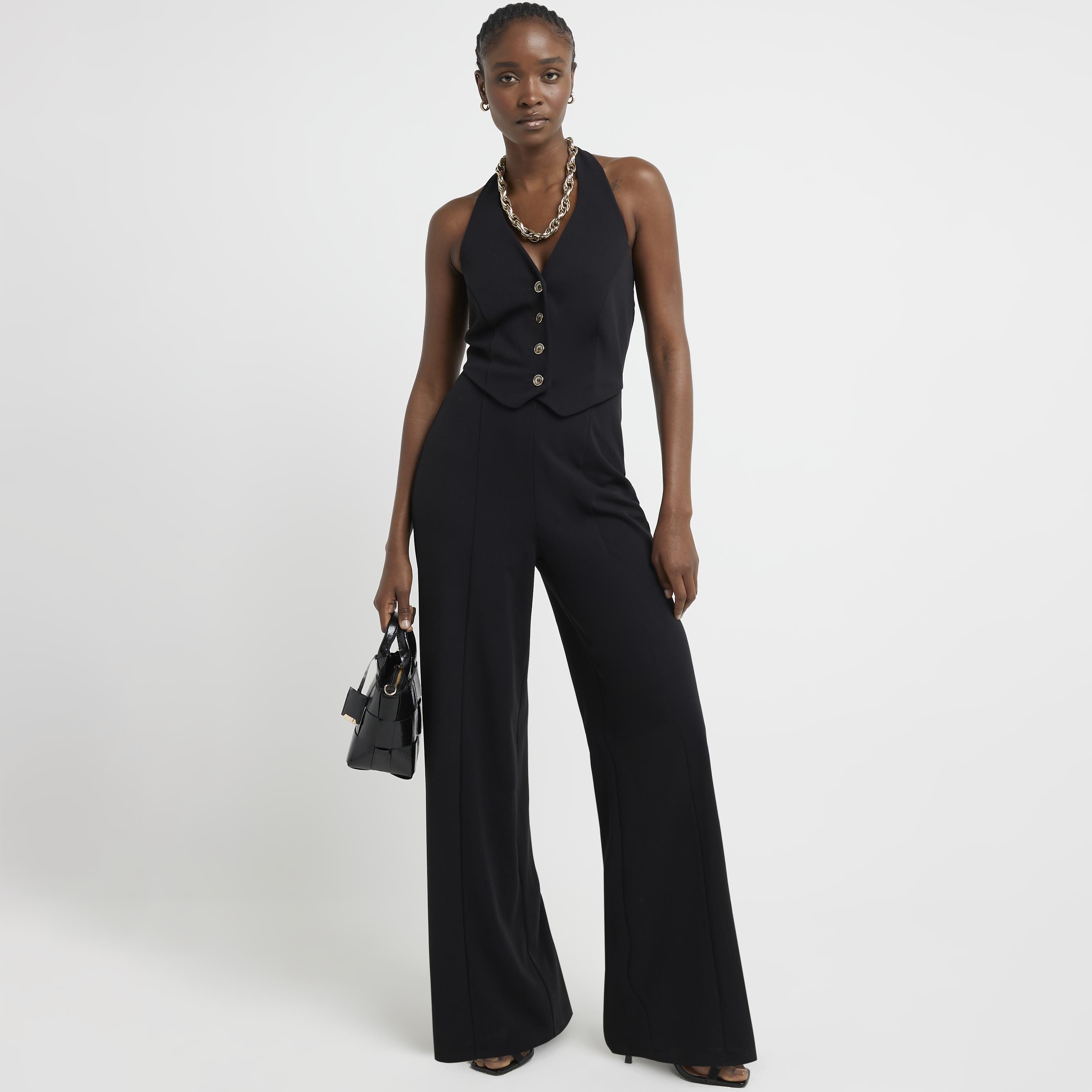 River Island Womens Black Halter Neck Waistcoat Jumpsuit