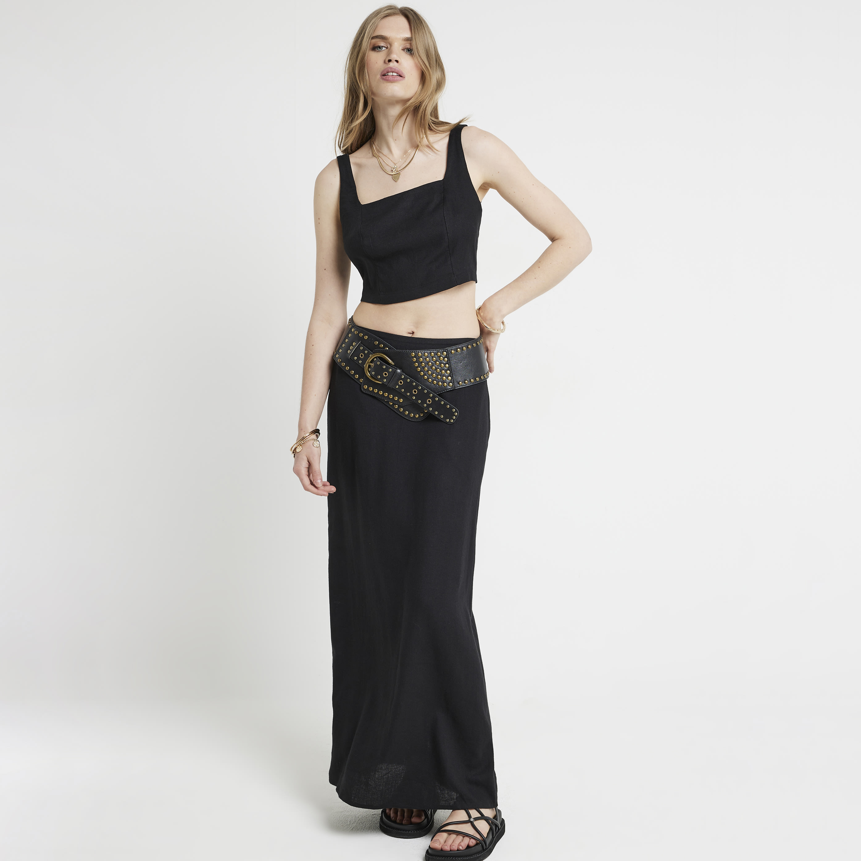 River Island Womens Black Linen Blend Maxi Skirt