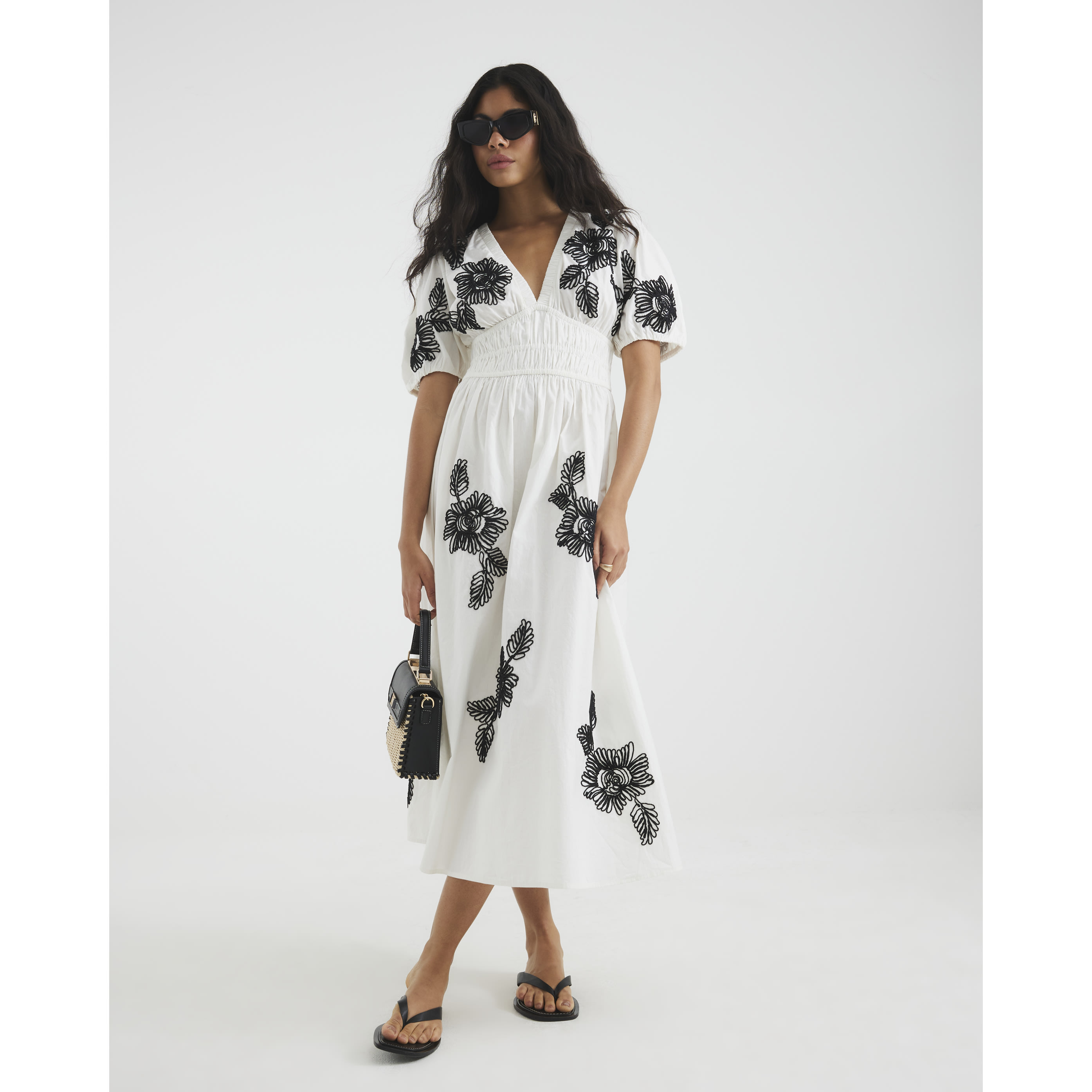 River Island Cream Floral Embroidered Midi Dress