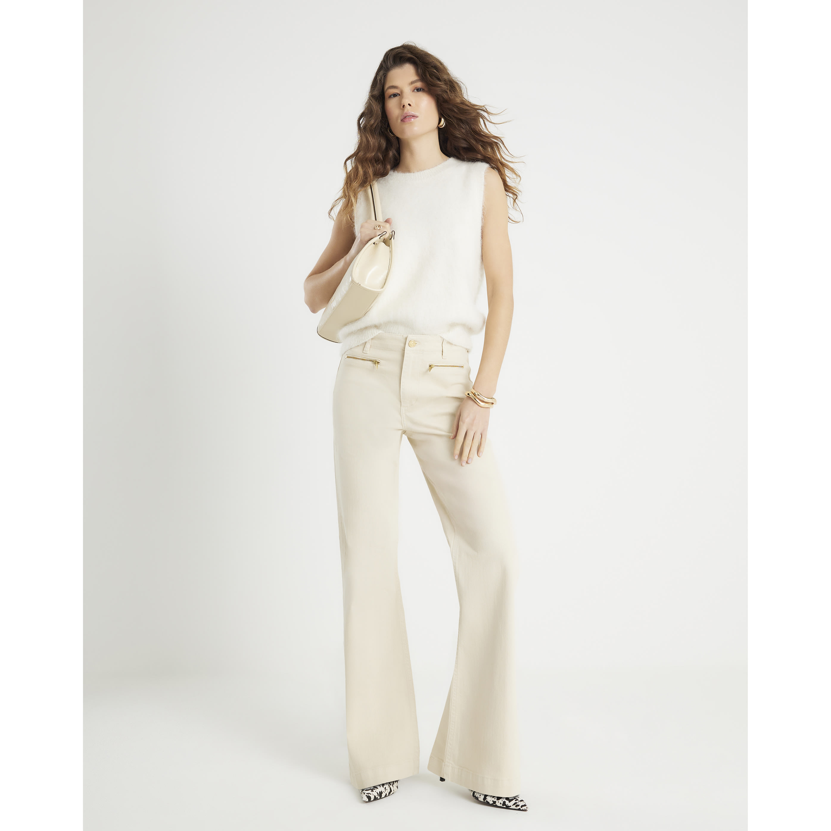 River Island Cream Zip Front Relaxed Flared Jeans