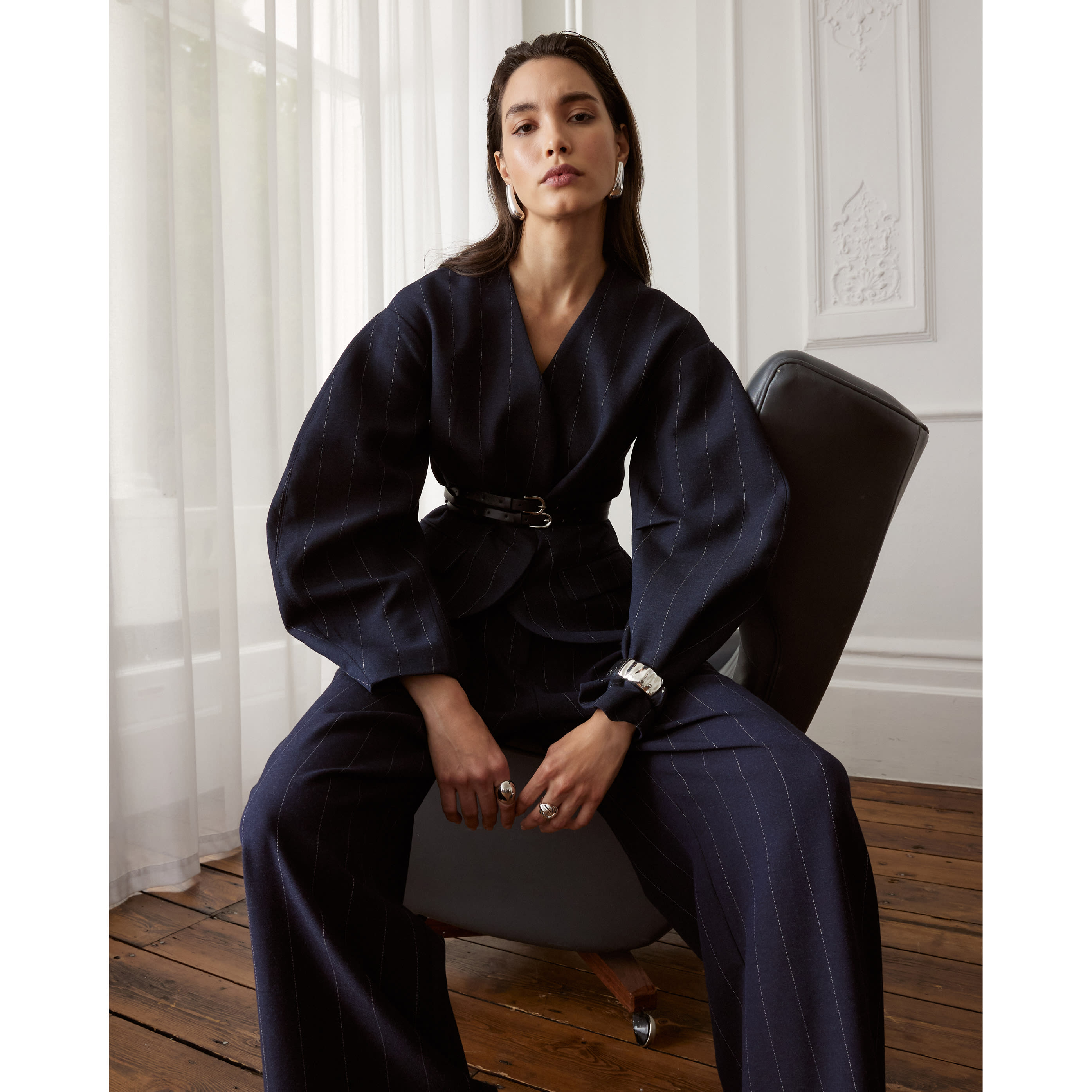 River Island Navy Pinstripe Cocoon Sleeve Blazer